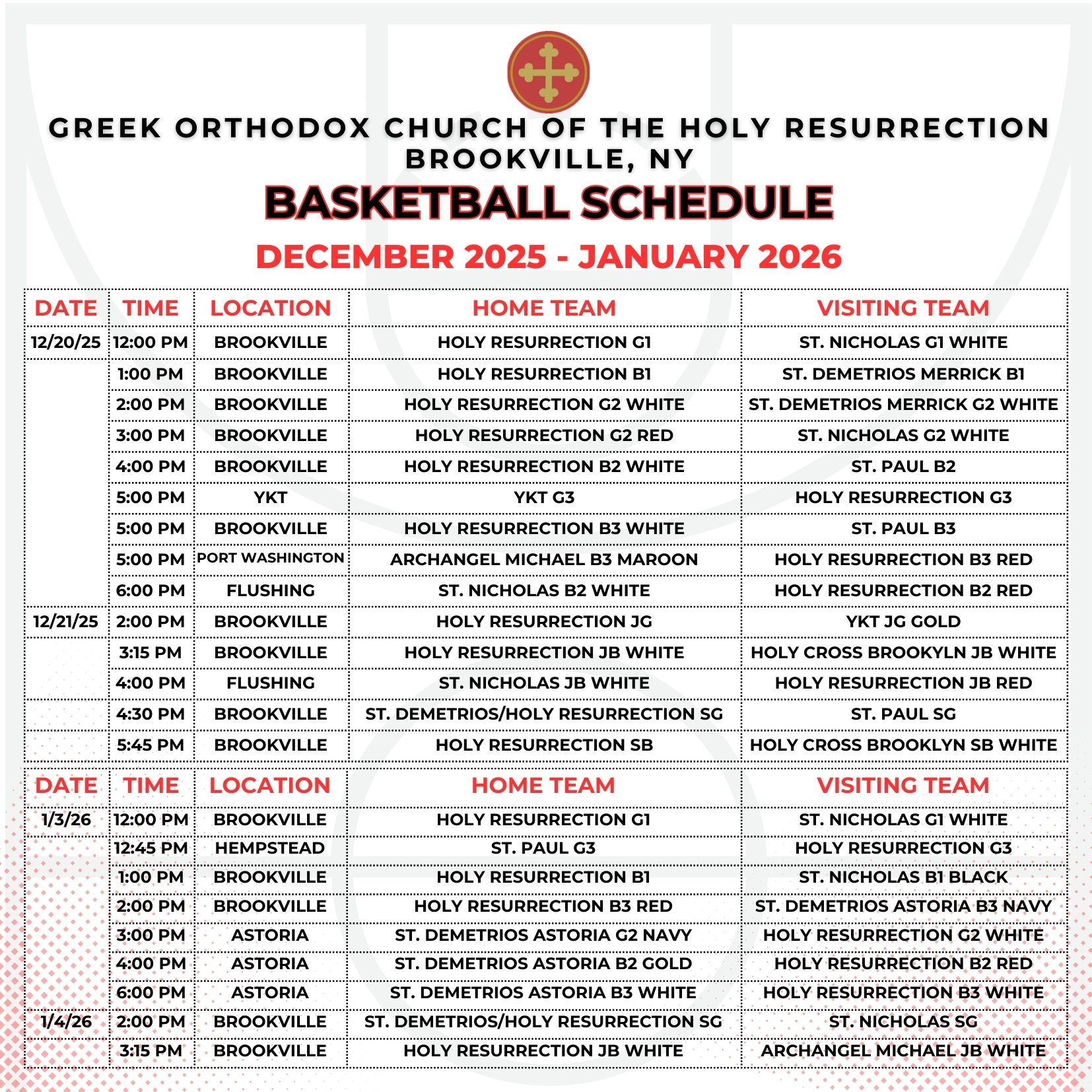Greek Orthodox Church of the Holy Resurrection Basketball Schedule