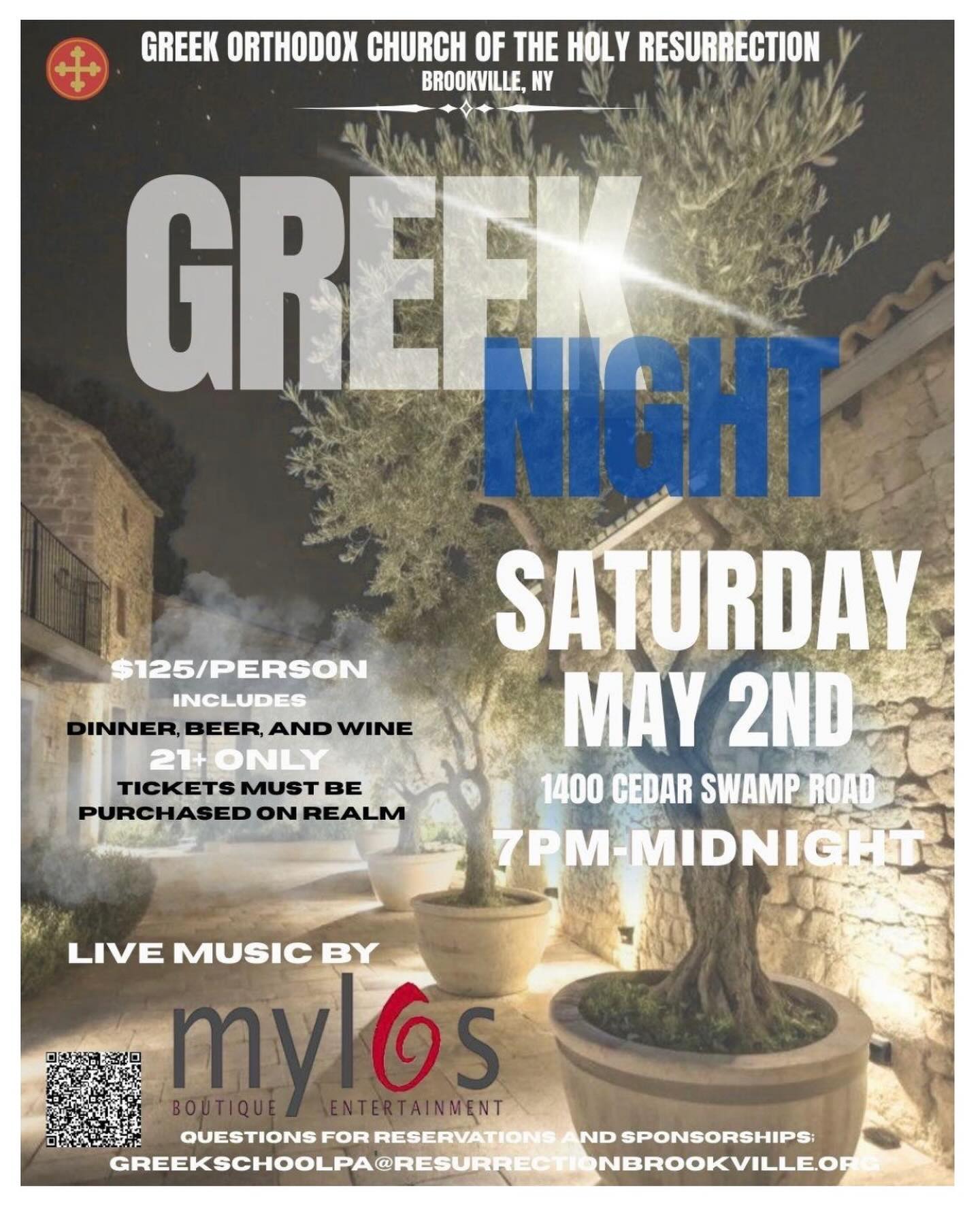 Join us for a spectacular celebration featuring incredible live music by Mylos Entertainment and the sensational singer Olympia. Bring your energy, bring your dancing shoes, and get ready for Greek Night 2026!